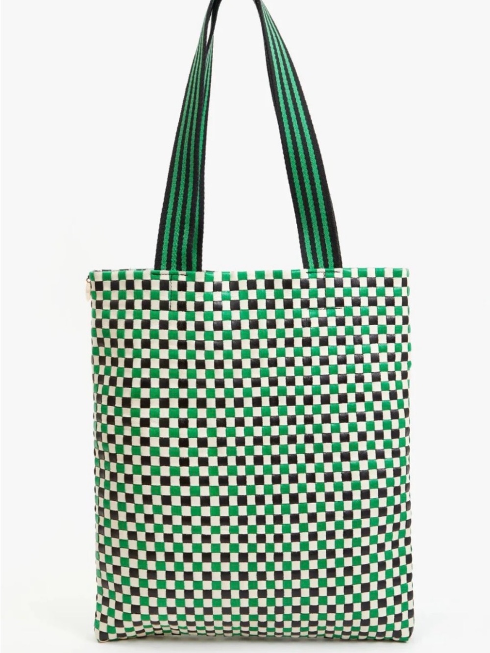 Clare V Green and Black Checkerboard Leather Tote with Striped Handles - NWT